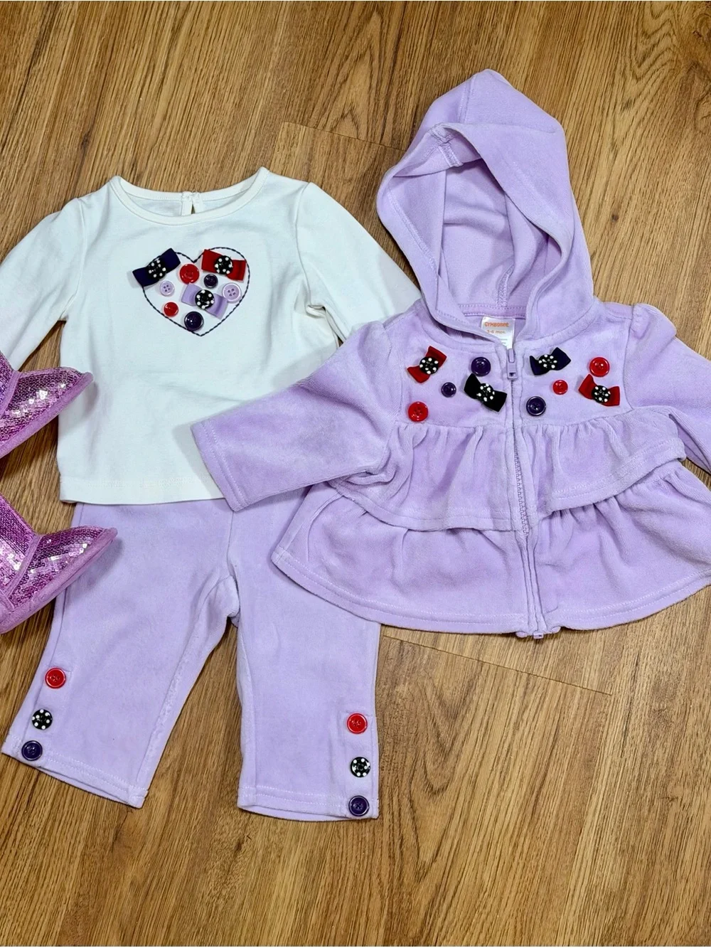 Gymboree 3-6M Lilac Hooded Jacket, Pants & Cream Set Sparkle Purple Boots Size 1